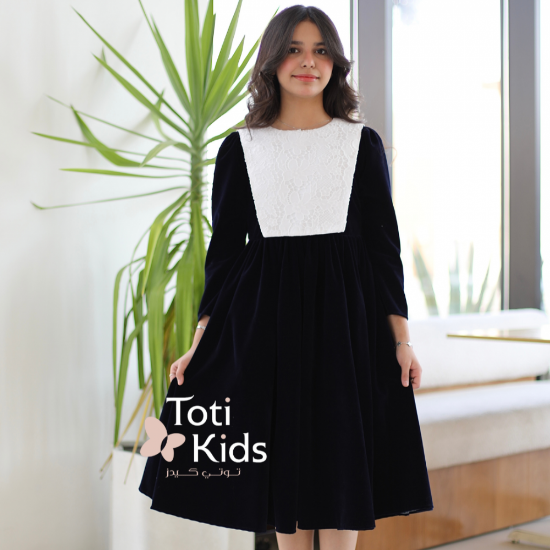 صورة فستان بناتي مخمل بـلونين بصدر مطرز | تصميم شتوي بزهور - 1118